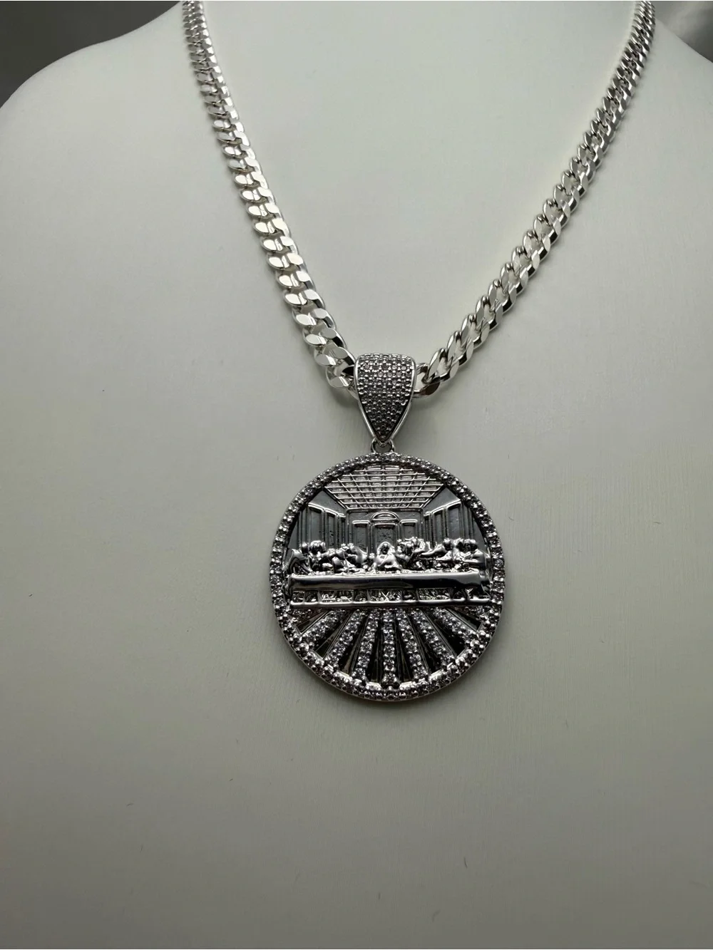 20 Inch Silver Filled AAACZ Cuban Link Last Supper Pendant Necklace